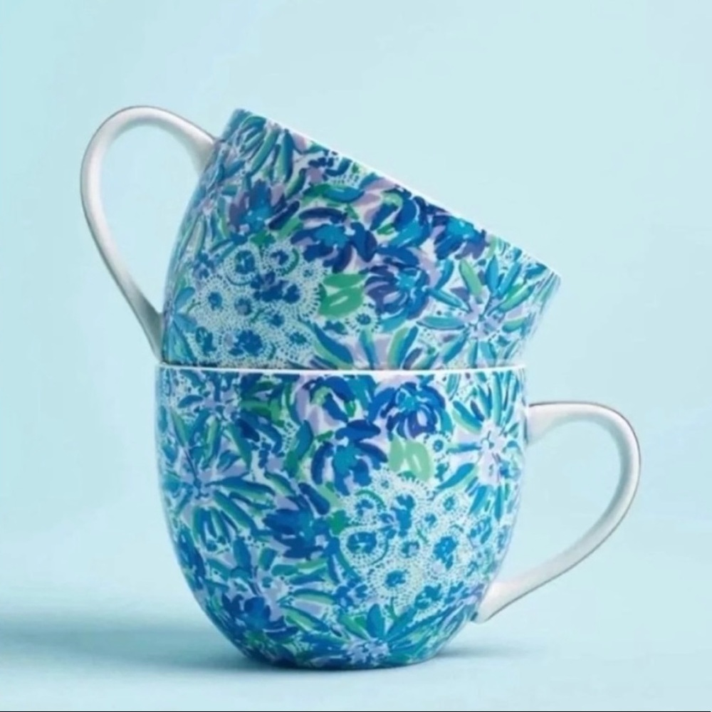 Lilly Pulitzer Blue Green Floral Ceramic Coffee Mugs (Set of 2)